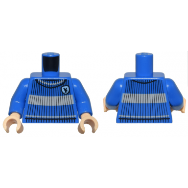 blue torso quidditch jumper ribbed with light bluish gray stripes and ravenclaw crest pattern blue arms medium tan hands