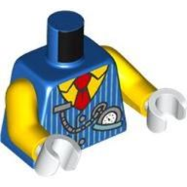 blue torso vest with yellow shirt red tie metallic light blue vertical stripes with silver pocket watch pattern yellow arms white hands