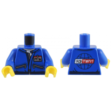 blue torso jacket with silver zipper pockets and id badge and globe and ninjago logogram ng news on back pattern blue arms yellow hands