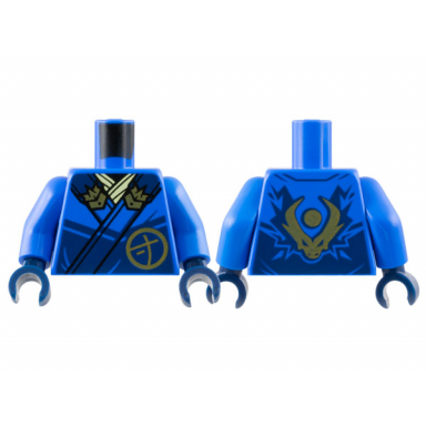 blue torso ninja robe with dark blue trim and gold buckles over bright light yellow sash ninjago logogram letter j in circle dragon head and orb on back pattern blue arms dark blue hands