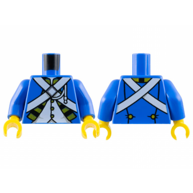 blue torso imperial soldier uniform jacket open with black and gold trim over white vest with buttons crossbelts with silver diamond clasp cord pattern bluecoat blue arms yellow hands