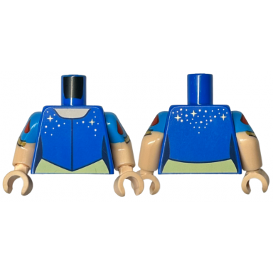 blue torso dress with gold sparkles and dots and bright light yellow skirt light nougat neck pattern light nougat arms with molded dark azure short sleeves and printed red drops and gold straps pattern light nougat hands