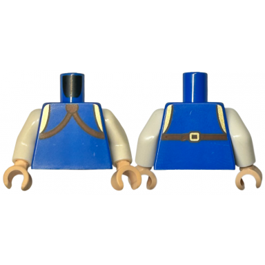 blue torso with reddish brown straps and gold shoulders buckle on back pattern white arms light nougat hands