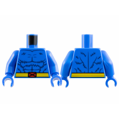 blue torso dark blue fur and muscles outline yellow belt with red x-men logo buckle pattern blue arms blue hands