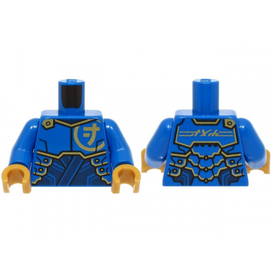 blue torso armor plates over dark blue tunic gold trim and ninjago logogram letter j jay on back pattern blue arms pearl gold hands