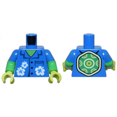 blue torso hawaiian shirt with dark blue pocket and collar black buttons and white flowers and turtle shell over bright green skin pattern bright green arms with molded blue short sleeves pattern lime hands