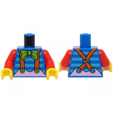 blue torso shirt with medium azure stripes lime bow bright pink skirt with orange suspenders pattern bam red arms yellow hands