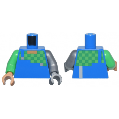 blue torso pixelated overalls and green and bright green checkered shirt pattern flat silver arm left bright green arm right flat silver hand left medium nougat hand right