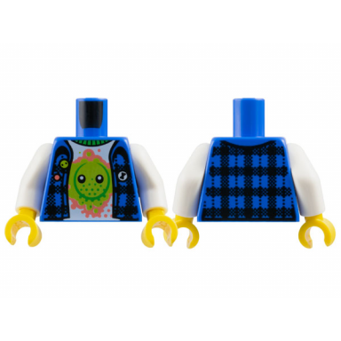 blue torso flannel vest over white shirt with lime z-blob on coral splotch bright green collar pattern white arms yellow hands