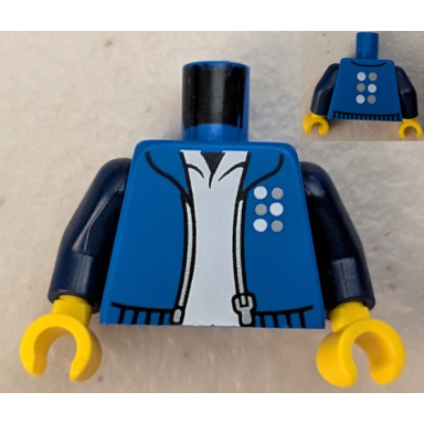 blue torso jacket open with silver zipper and white and light bluish gray six dots logo over shirt pattern dark blue arms yellow hands
