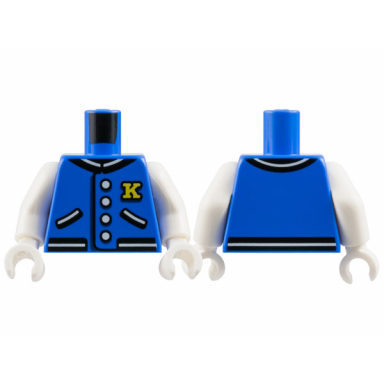 blue torso letter jacket white and black hems and pockets 4 buttons and yellow k pattern white arms white hands