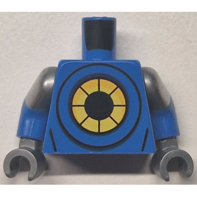 blue torso with black bright light orange and yellow segmented circle pattern blue arms with molded flat silver short sleeves and printed black and silver rivets pattern flat silver hands