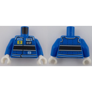 blue torso racing suit with black stitching in grid thick horizontal stripe number 5 on yellow background elf logo and belt pattern blue arms white hands
