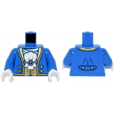 blue torso tailcoat open with gold trim buttons and vest white ascot with brooch pattern blue arms white hands
