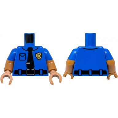 blue torso police shirt with collar pocket gold badge black belt with silver buckle tie with clip pattern medium nougat arms with molded blue short sleeves pattern medium nougat hands