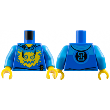 blue torso hoodie with dark azure shoulders hood and waistband yellow neck and creature face hourglass on back pattern dark azure arms yellow hands