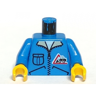 blue torso town bulldozer logo zipper jacket pocket pattern lorry driver blue arms yellow hands