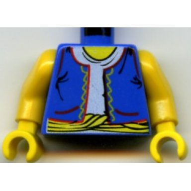 blue torso vest open with red pockets and trim over white shirt yellow sash and neck pattern yellow arms yellow hands