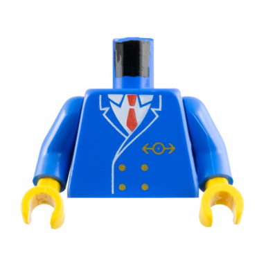 blue torso train uniform jacket with gold buttons and logo over white shirt red tie pattern blue arms yellow hands
