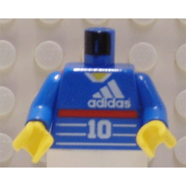 blue torso soccer adidas logo red stripe number 10 zidane on back pattern blue arms yellow hands
