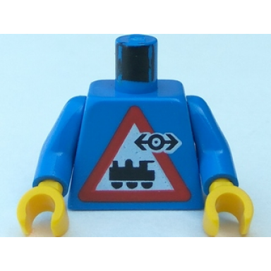 blue torso train logo small black on locomotive triangle sign pattern blue arms yellow hands