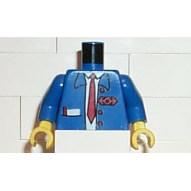 blue torso train suit open notepad red long tie and logo pattern blue arms yellow hands