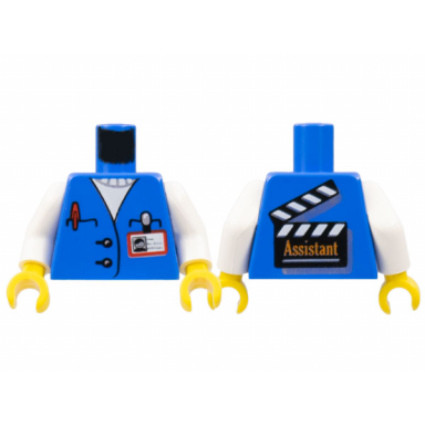 blue torso studios assistant id badge pen film slate on back pattern white arms yellow hands