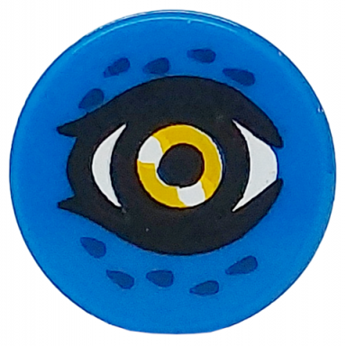 blue tile round 1 x 1 with bright light orange and white eye with black pupil and dark blue feathers pattern