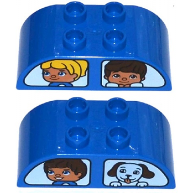 blue duplo brick 2 x 4 slope curved double with white vehicle windows with boy and dog girl and boy pattern