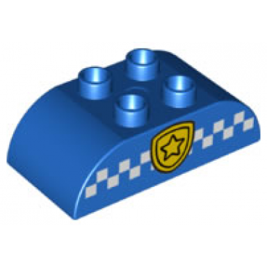 blue duplo brick 2 x 4 slope curved double with white checkered stripe and yellow star police badge pattern