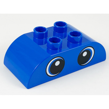 blue duplo brick 2 x 4 slope curved double with circled black eyes with white pupils and crescents pattern
