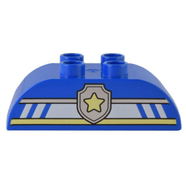 blue duplo brick 2 x 4 slope curved double with silver white and bright light yellow lines and police star badge logo pattern