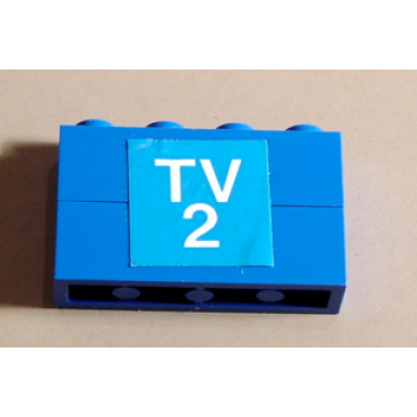 blue stickered assembly 4 x 1 x 2 with white tv 2 on blue background pattern sticker - set 664-1 - 2 brick 1 x 4