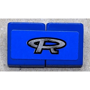 blue stickered assembly 2 x 1 x 2 3 with stylized silver capital letter r with black gradient pattern sticker - set 8135 - 2 slope 30 1 x 1 x 2 3