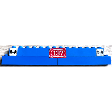 blue stickered assembly 16 x 1 x 2 with black train sleeping car bed on white background and 137 on red background pattern stickers - set 137-2 - 1 brick 1 x 6 3 brick 1 x 8