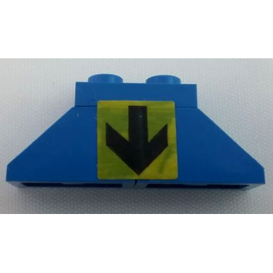 blue stickered assembly 4 x 1 x 1 1 3 with black down arrow on yellow background pattern sticker - set 6383 - 1 plate 1 x 2 2 slope 45 2 x 1