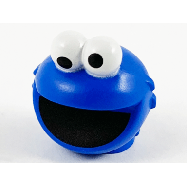blue minifigure head modified sesame street cookie monster with white eyes and black mouth pattern