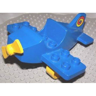 blue duplo airplane small wings on bottom with yellow wheels and yellow propeller