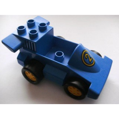blue duplo car formula one with blue base with yellow number 2 pattern 1 stud in cab