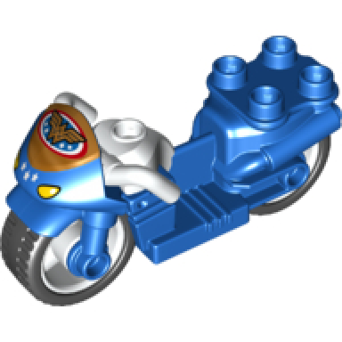 blue duplo motorcycle with rubber wheels white handlebars headlights and wonder woman logo pattern