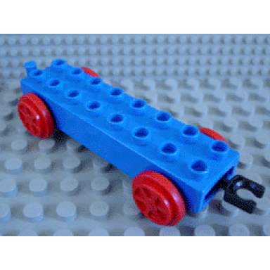 blue duplo train base 2 x 8 with red train wheels and movable hook