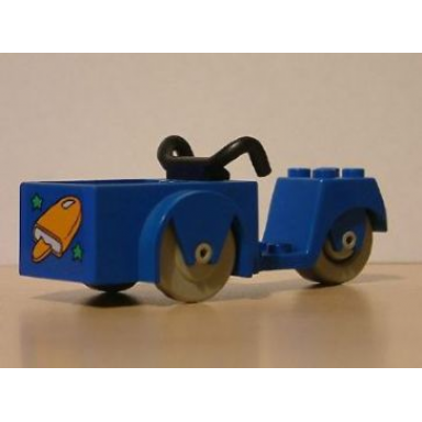 blue fabuland tricycle 2 front wheels with black handlebars and light gray wheels with orange ice cream pop and green stars pattern sticker - set 3672