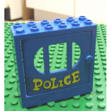 blue fabuland door frame 2 x 6 x 5 with blue door with police pattern sticker - sets 140-1 350-3
