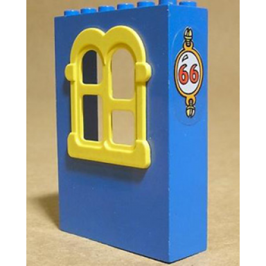 blue fabuland building wall 2 x 6 x 7 with squared yellow window and no 66 pattern sticker - set 3666
