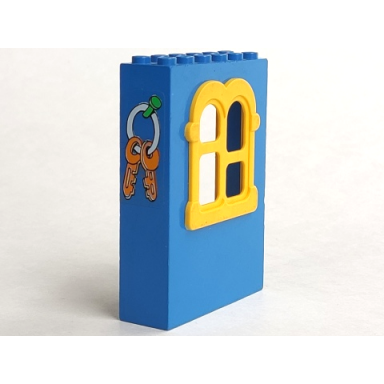 blue fabuland building wall 2 x 6 x 7 with squared yellow window and keys pattern sticker - set 3669