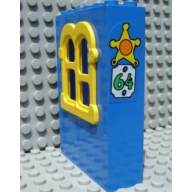 blue fabuland building wall 2 x 6 x 7 with squared yellow window with sheriff badge and no 64 pattern sticker - set 3664