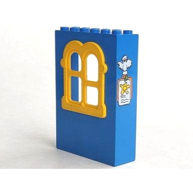 blue fabuland building wall 2 x 6 x 7 with squared yellow window and bird and sheriff notice pattern sticker - set 3669