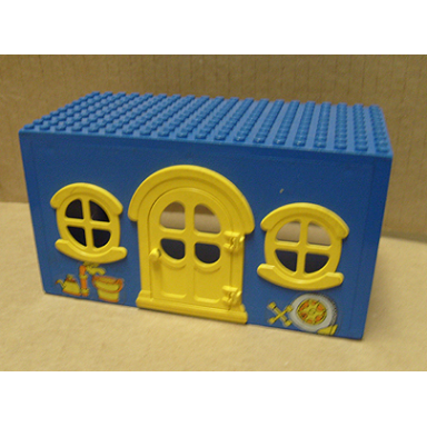 blue fabuland house block with yellow door and windows with spare tire and faucet pattern stickers - sets 134-2 344-2