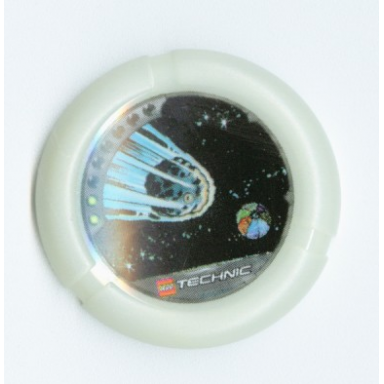glow in dark opaque throwing disk with throwbot flare 2 pips lego technic logo and meteor heading to sectioned planet pattern