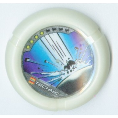 glow in dark opaque throwing disk with throwbot spark 4 pips lego technic logo and meteor impact pattern